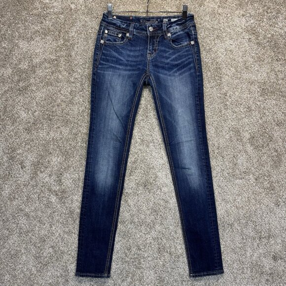 Miss Me Jeans Womens 26x31 Blue Signature Skinny Flap Pockets Distressed Denim - Picture 2 of 13